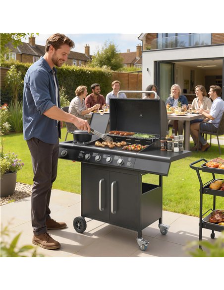 Outsunny 4+1 Burner Gas BBQ Grill with Storage Cabinet, 15.2 kW Gas Barbecue Trolley with Side Table, 4 Wheels, Warming Rack - pic 182580 | FastDaddyshop