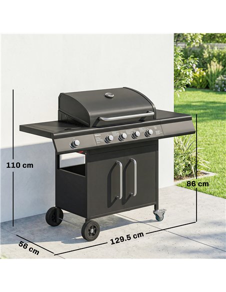 Outsunny 4+1 Burner Gas BBQ Grill with Storage Cabinet, 15.2 kW Gas Barbecue Trolley with Side Table, 4 Wheels, Warming Rack - pic 182581 | FastDaddyshop