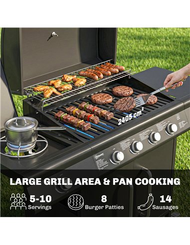 Outsunny 4+1 Burner Gas BBQ Grill with Storage Cabinet, 15.2 kW Gas Barbecue Trolley with Side Table, 4 Wheels, Warming Rack