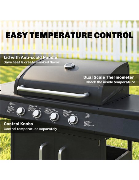 Outsunny 4+1 Burner Gas BBQ Grill with Storage Cabinet, 15.2 kW Gas Barbecue Trolley with Side Table, 4 Wheels, Warming Rack - pic 182583 | FastDaddyshop