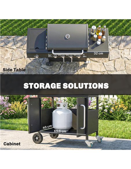 Outsunny 4+1 Burner Gas BBQ Grill with Storage Cabinet, 15.2 kW Gas Barbecue Trolley with Side Table, 4 Wheels, Warming Rack - pic 182584 | FastDaddyshop