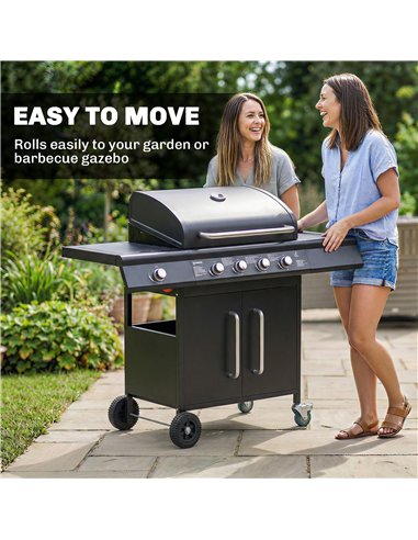 Outsunny 4+1 Burner Gas BBQ Grill with Storage Cabinet, 15.2 kW Gas Barbecue Trolley with Side Table, 4 Wheels, Warming Rack