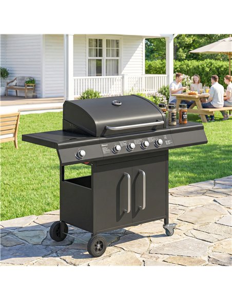 Outsunny 4+1 Burner Gas BBQ Grill with Storage Cabinet, 15.2 kW Gas Barbecue Trolley with Side Table, 4 Wheels, Warming Rack - pic 182587 | FastDaddyshop