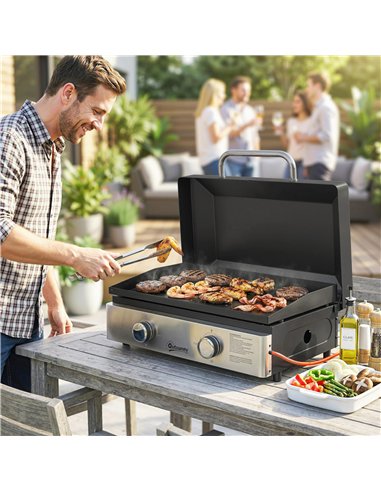 Outsunny 2 Burner Grill Griddle, Portable Gas Plancha, 6 kW, Tabletop Gas BBQ with Grease Cup for Camping Picnic Patios, Black