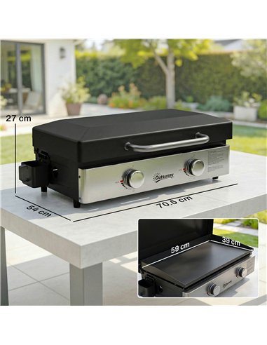 Outsunny 2 Burner Grill Griddle, Portable Gas Plancha, 6 kW, Tabletop Gas BBQ with Grease Cup for Camping Picnic Patios, Black