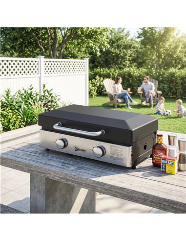 Outsunny 2 Burner Grill Griddle, Portable Gas Plancha, 6 kW, Tabletop Gas BBQ with Grease Cup for Camping Picnic Patios, Black
