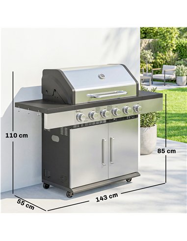 Outsunny 6 Burner Liquid Propane Gas BBQ Grill, Outdoor Portable Gas Barbecue Grill with Warming Rack, Side Tables, Cabinet