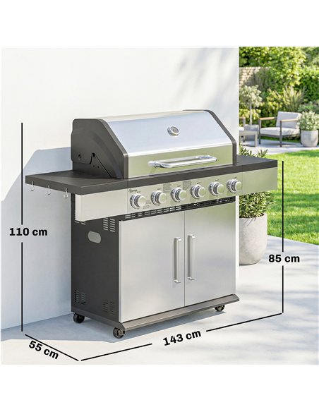 Outsunny 6 Burner Liquid Propane Gas BBQ Grill, Outdoor Portable Gas Barbecue Grill with Warming Rack, Side Tables, Cabinet - pic 182617 | FastDaddyshop