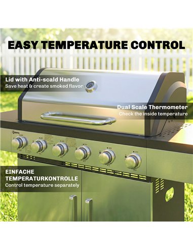 Outsunny 6 Burner Liquid Propane Gas BBQ Grill, Outdoor Portable Gas Barbecue Grill with Warming Rack, Side Tables, Cabinet