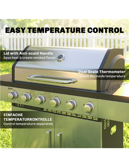 Outsunny 6 Burner Liquid Propane Gas BBQ Grill, Outdoor Portable Gas Barbecue Grill with Warming Rack, Side Tables, Cabinet - pic 182619 | FastDaddyshop