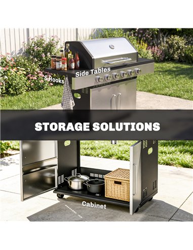 Outsunny 6 Burner Liquid Propane Gas BBQ Grill, Outdoor Portable Gas Barbecue Grill with Warming Rack, Side Tables, Cabinet