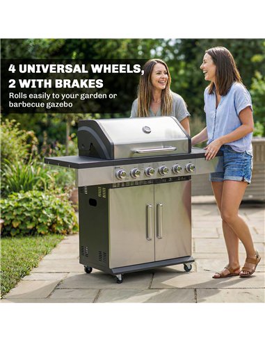 Outsunny 6 Burner Liquid Propane Gas BBQ Grill, Outdoor Portable Gas Barbecue Grill with Warming Rack, Side Tables, Cabinet
