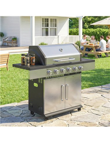 Outsunny 6 Burner Liquid Propane Gas BBQ Grill, Outdoor Portable Gas Barbecue Grill with Warming Rack, Side Tables, Cabinet