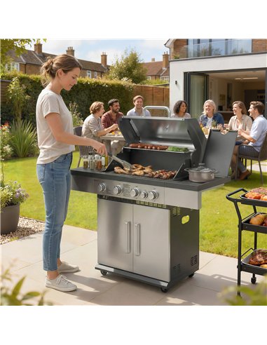 Outsunny 4+1 Burner Gas BBQ Grill, Portable Gas Barbecue Grill with Side Burner, Warming Rack, Side Shelf, Storage Cabinet