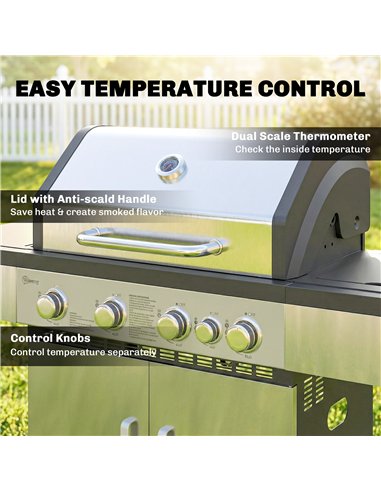 Outsunny 4+1 Burner Gas BBQ Grill, Portable Gas Barbecue Grill with Side Burner, Warming Rack, Side Shelf, Storage Cabinet