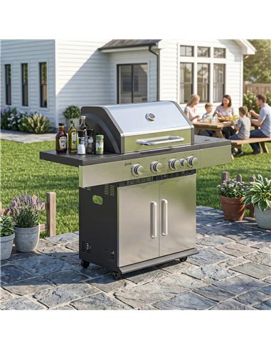 Outsunny 4+1 Burner Gas BBQ Grill, Portable Gas Barbecue Grill with Side Burner, Warming Rack, Side Shelf, Storage Cabinet