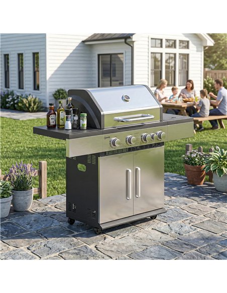 Outsunny 4+1 Burner Gas BBQ Grill, Portable Gas Barbecue Grill with Side Burner, Warming Rack, Side Shelf, Storage Cabinet - pic 182632 | FastDaddyshop