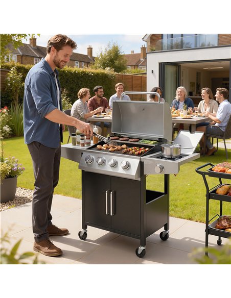 Outsunny 4+1 Burner Gas BBQ Grill with Side Burner, 14.5 kW Steel Portable Gas Barbecue Grill with Built-in Thermometer, Lid - pic 182634 | FastDaddyshop