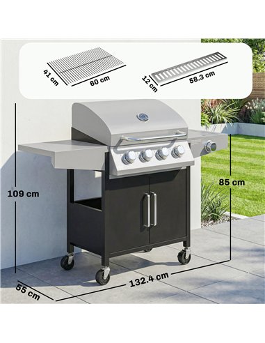 Outsunny 4+1 Burner Gas BBQ Grill with Side Burner, 14.5 kW Steel Portable Gas Barbecue Grill with Built-in Thermometer, Lid