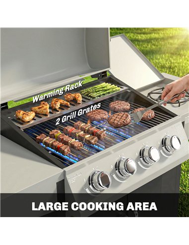 Outsunny 4+1 Burner Gas BBQ Grill with Side Burner, 14.5 kW Steel Portable Gas Barbecue Grill with Built-in Thermometer, Lid