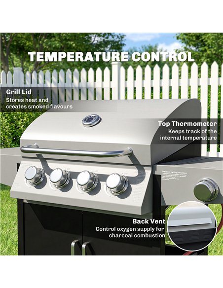 Outsunny 4+1 Burner Gas BBQ Grill with Side Burner, 14.5 kW Steel Portable Gas Barbecue Grill with Built-in Thermometer, Lid - pic 182637 | FastDaddyshop