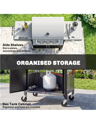 Outsunny 4+1 Burner Gas BBQ Grill with Side Burner, 14.5 kW Steel Portable Gas Barbecue Grill with Built-in Thermometer, Lid