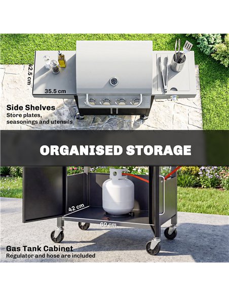 Outsunny 4+1 Burner Gas BBQ Grill with Side Burner, 14.5 kW Steel Portable Gas Barbecue Grill with Built-in Thermometer, Lid - pic 182638 | FastDaddyshop