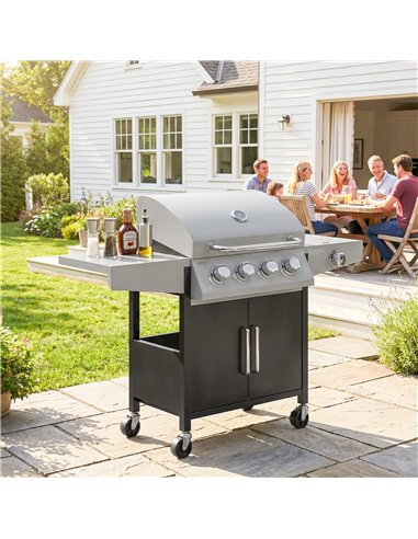 Outsunny 4+1 Burner Gas BBQ Grill with Side Burner, 14.5 kW Steel Portable Gas Barbecue Grill with Built-in Thermometer, Lid