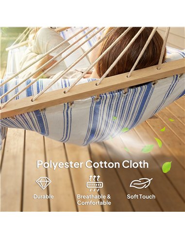 Outsunny Cotton Hammock, Soft Portable Swing Sleeping w/ Headrest & Side Pocket, Blue and White