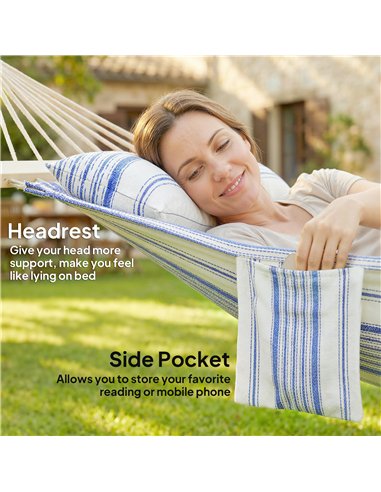 Outsunny Cotton Hammock, Soft Portable Swing Sleeping w/ Headrest & Side Pocket, Blue and White