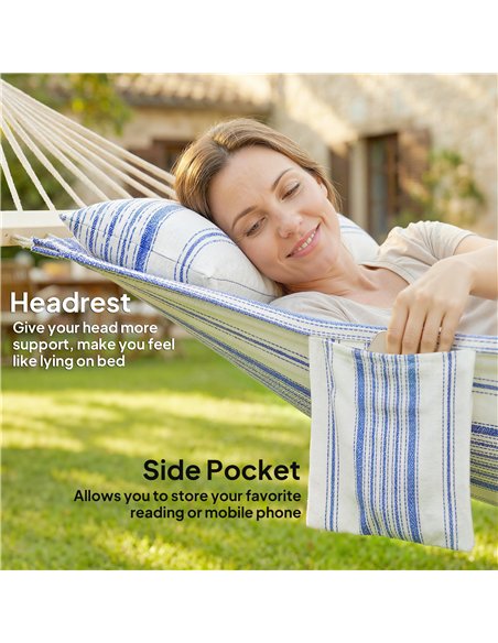 Outsunny Cotton Hammock, Soft Portable Swing Sleeping w/ Headrest & Side Pocket, Blue and White - pic 182673 | FastDaddyshop