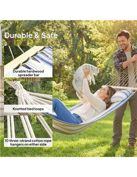 Outsunny Cotton Hammock, Soft Portable Swing Sleeping w/ Headrest & Side Pocket, Blue and White - pic 182674 | FastDaddyshop