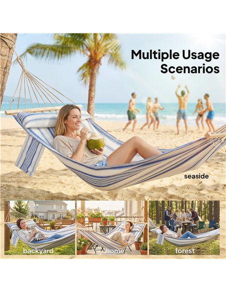 Outsunny Cotton Hammock, Soft Portable Swing Sleeping w/ Headrest & Side Pocket, Blue and White - pic 182675 | FastDaddyshop