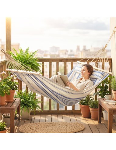 Outsunny Cotton Hammock, Soft Portable Swing Sleeping w/ Headrest & Side Pocket, Blue and White