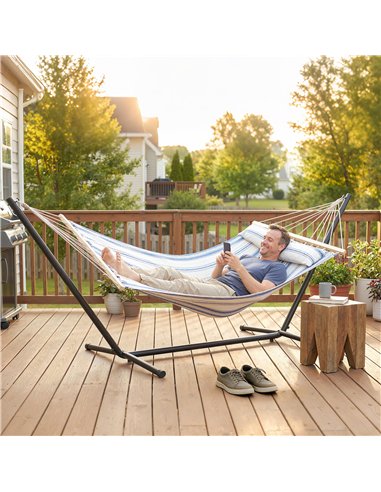 Outsunny Cotton Hammock, Soft Portable Swing Sleeping w/ Headrest & Side Pocket, Blue and White