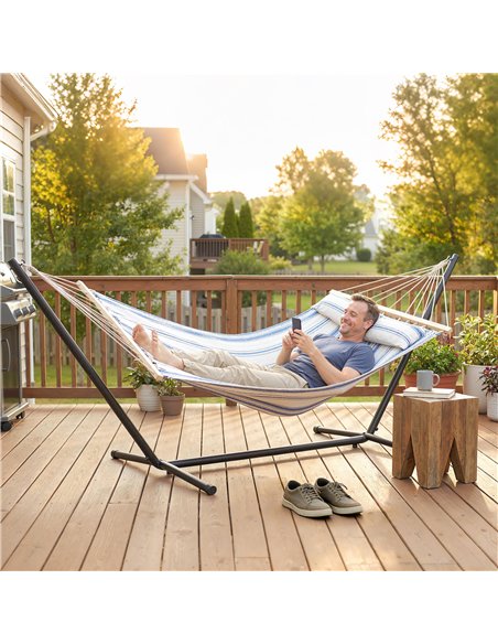 Outsunny Cotton Hammock, Soft Portable Swing Sleeping w/ Headrest & Side Pocket, Blue and White - pic 182677 | FastDaddyshop