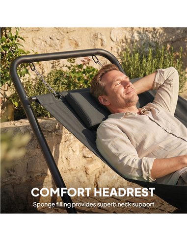 Outsunny Outdoor Hammock with Stand, Freestanding Hammock with Side Pocket, Headrest for Patio, Balcony, Porch, Dark Grey