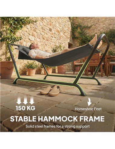 Outsunny Outdoor Hammock with Stand, Freestanding Hammock with Side Pocket, Headrest for Patio, Balcony, Porch, Dark Grey