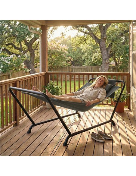 Outsunny Outdoor Hammock with Stand, Freestanding Hammock with Side Pocket, Headrest for Patio, Balcony, Porch, Dark Grey - pic 182686 | FastDaddyshop