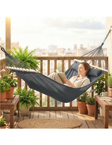 Outsunny Cotton Hammock, Soft Portable Swing Sleeping w/ Headrest & Side Pocket, Dark Grey - pic 182706 | FastDaddyshop