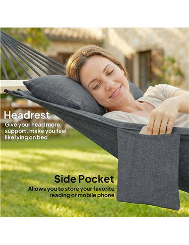 Outsunny Cotton Hammock, Soft Portable Swing Sleeping w/ Headrest & Side Pocket, Dark Grey