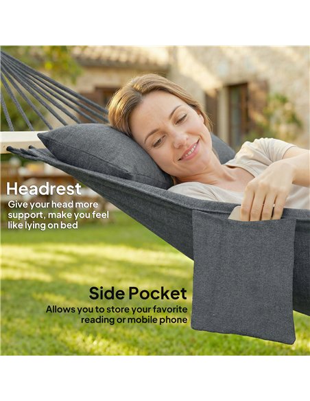 Outsunny Cotton Hammock, Soft Portable Swing Sleeping w/ Headrest & Side Pocket, Dark Grey - pic 182709 | FastDaddyshop