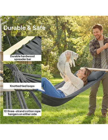 Outsunny Cotton Hammock, Soft Portable Swing Sleeping w/ Headrest & Side Pocket, Dark Grey