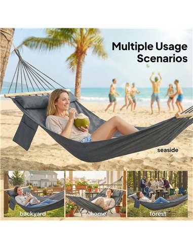 Outsunny Cotton Hammock, Soft Portable Swing Sleeping w/ Headrest & Side Pocket, Dark Grey