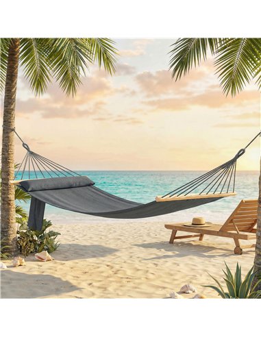 Outsunny Cotton Hammock, Soft Portable Swing Sleeping w/ Headrest & Side Pocket, Dark Grey