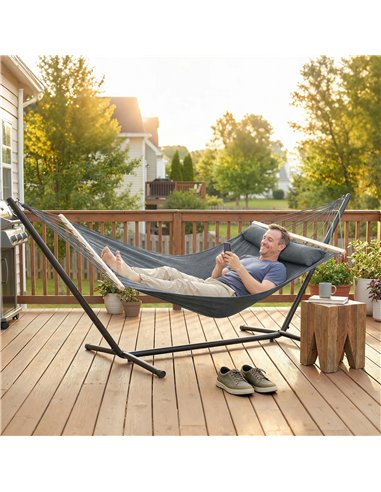 Outsunny Cotton Hammock, Soft Portable Swing Sleeping w/ Headrest & Side Pocket, Dark Grey