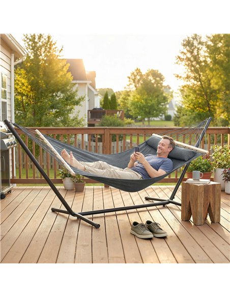 Outsunny Cotton Hammock, Soft Portable Swing Sleeping w/ Headrest & Side Pocket, Dark Grey - pic 182713 | FastDaddyshop