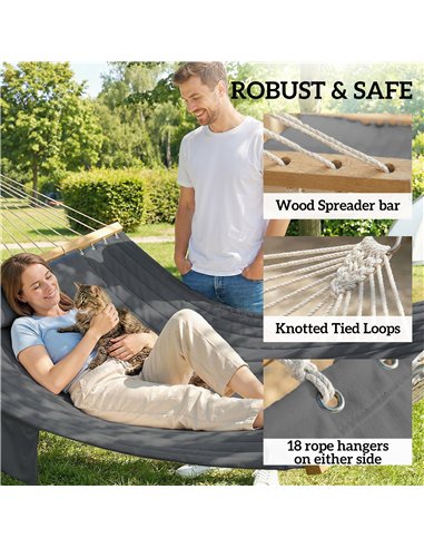 Outsunny Double Hammock 2 Person Swing Bed with Spreader Bars, Pillows, Pad, 200 x 140cm, Grey