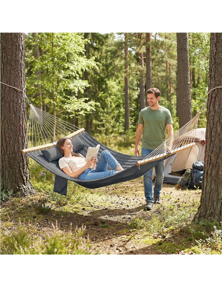 Outsunny Double Hammock 2 Person Swing Bed with Spreader Bars, Pillows, Pad, 200 x 140cm, Grey - pic 182748 | FastDaddyshop
