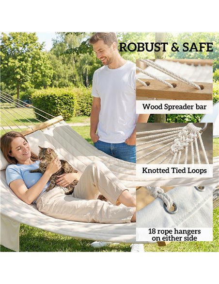 Outsunny Double Hammock 2 Person Swing Bed with Spreader Bars, Pillows, Pad, 200 x 140cm, Cream White - pic 182755 | FastDaddyshop